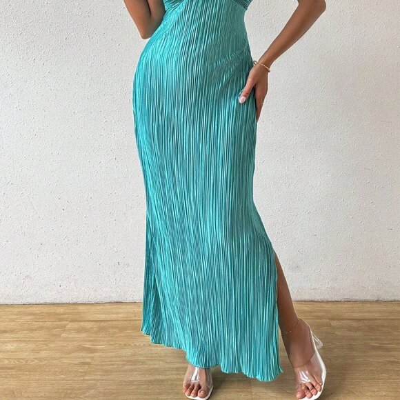 Cadet Blue Sexy Women's Elegant Pleated Off-Shoulder Twist Front Dress - Picture 4 of 6